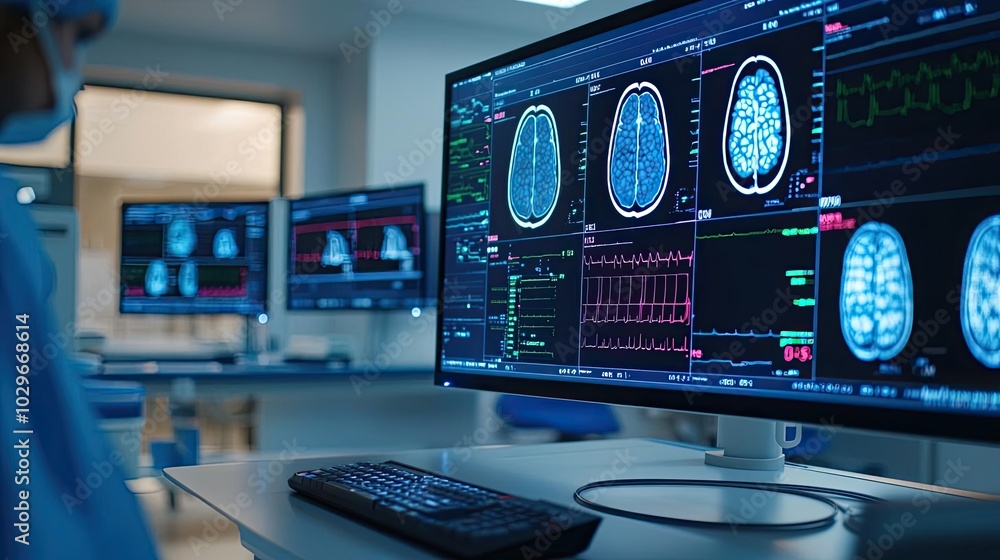 Poster a medical professional analyzes brain scan results on high-tech monitors in a modern healthcare faci