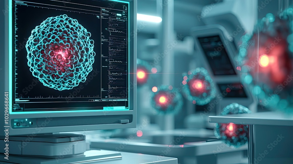 Poster Futuristic computer display showing quantum data analysis and molecular structures in a high-tech laboratory environment.