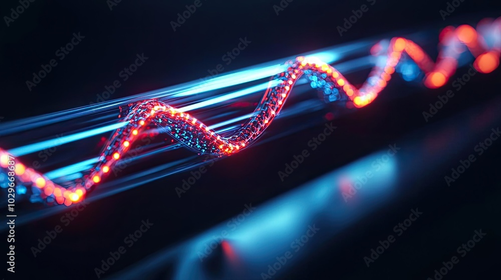 Poster Vibrant visualization of a light wave pattern, showcasing dynamic motion and color in a futuristic setting.