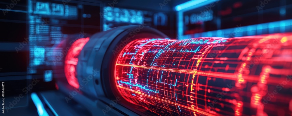 Poster Futuristic technological interface with glowing red elements and abstract patterns, perfect for sci-fi and tech themes.