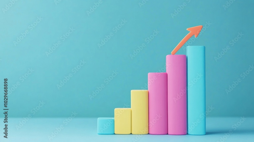 Poster ascending bar graph with orange arrow on blue background