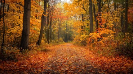 Obraz premium Autumn Forest Pathway in Vibrant Colors
