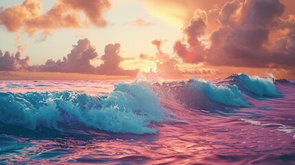 Fototapeta premium A Blue Wave Crashing Against a Pink Sunset Sky