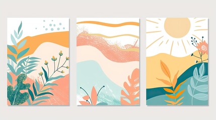 Three paintings of a beach scene with a sun in the sky