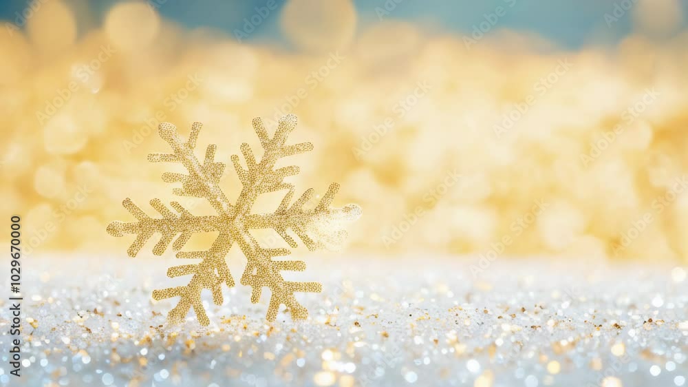 Poster the delicate structure of a snowflake glistens against a backdrop of warm golden bokeh, capturing th