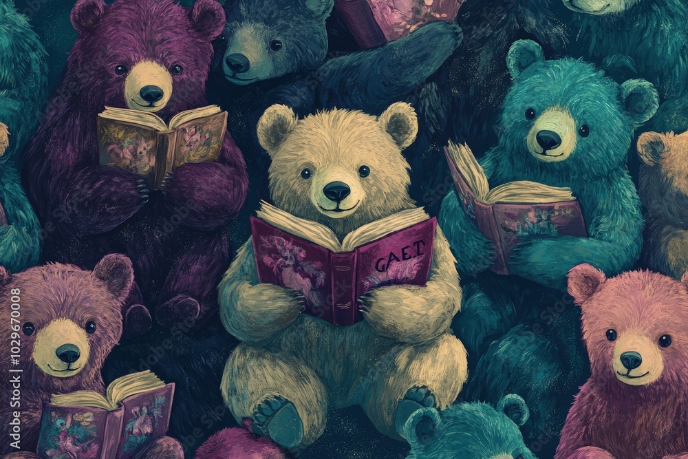 Canvas Prints a painting of a group of teddy bears reading books