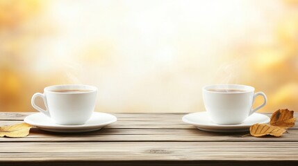 Fototapeta premium Two Cups of Steaming Coffee on a Wooden Table with Fall Leaves