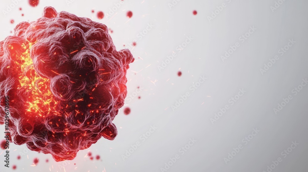 Poster 3D rendering of a virus with glowing elements on a white isolated background.