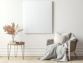 A minimalist room with a cozy chair, blanket, and side table with dried flowers, set in neutral tones.