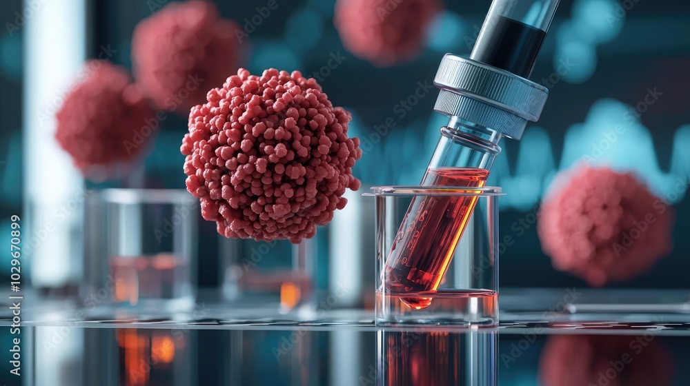 Poster microscope image of blood samples and cancer cells in a laboratory setting.