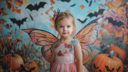 A little girl dressed in a fairy costume with wings and a sparkly wand, standing in front of a Halloween-themed backdrop filled with bats, pumpkins, and autumn leaves
