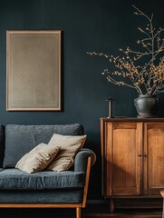Modern Living Room with Dark Blue Wall and Abstract Art