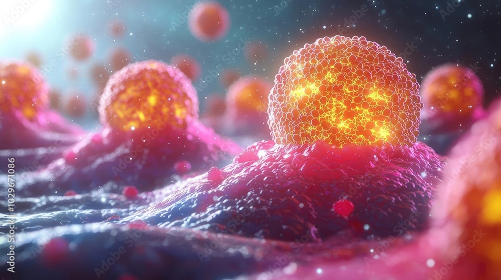 Poster Close-up view of colorful cells emitting light on a textured surface.