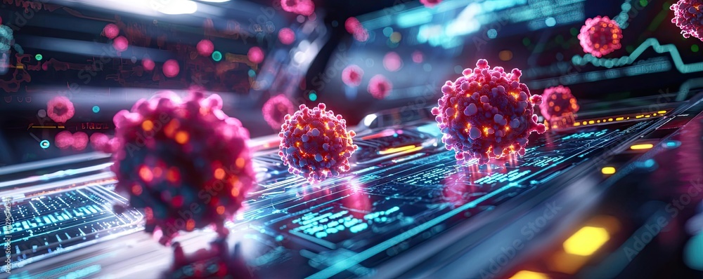 Poster digital representation of viruses on a futuristic interface with glowing details.