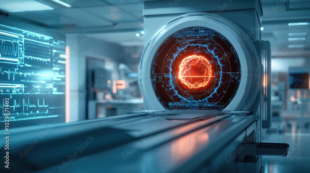 Poster futuristic medical imaging device with glowing displays and advanced technology.