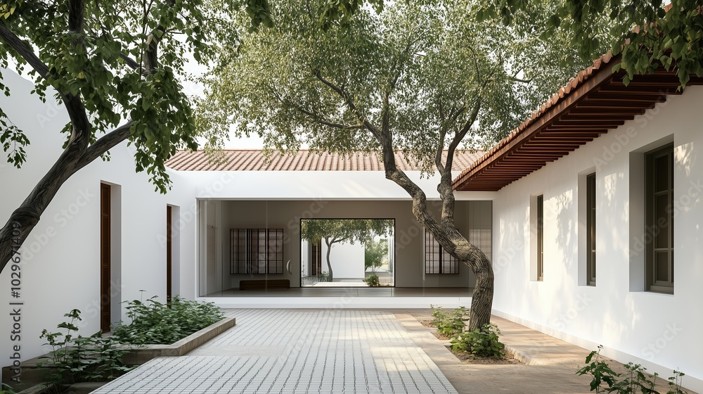 Wall mural A tranquil courtyard featuring trees and minimalist architecture in a serene setting during the daytime