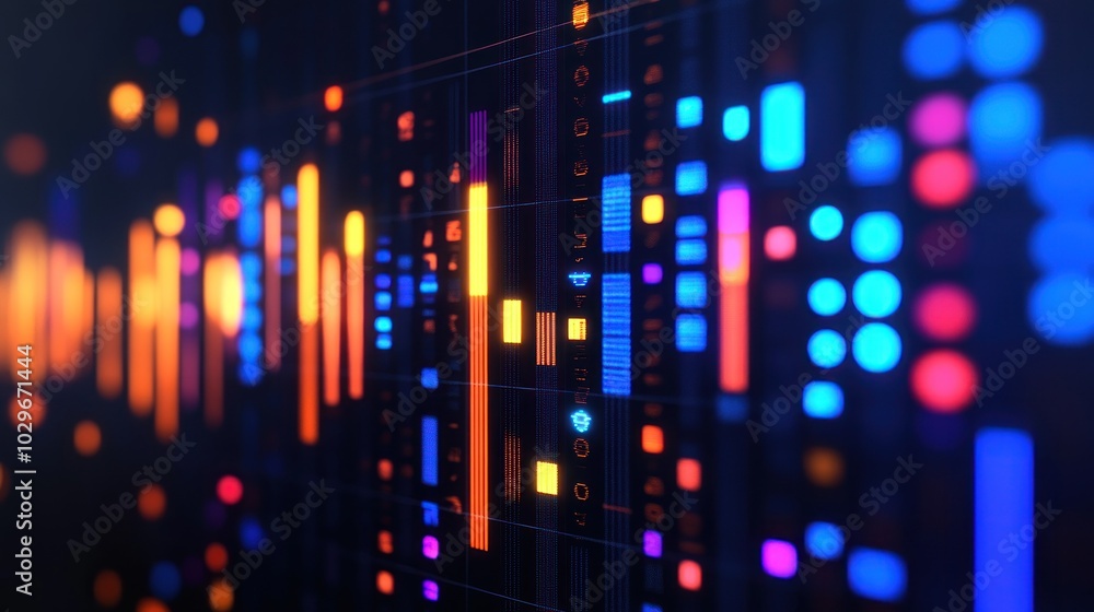 Poster Abstract Digital Display with Brightly Colored Lights and Grid Pattern