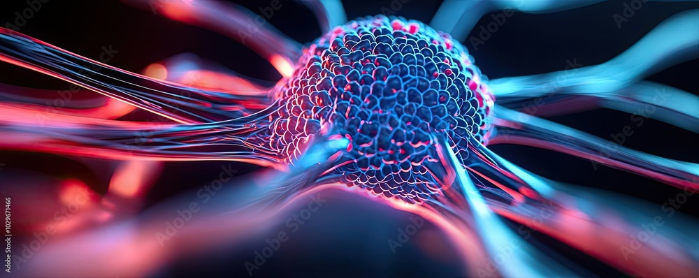 Poster colorful close-up of a cell with intricate details and glowing fibers on a dark background.