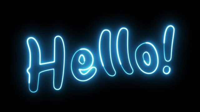 Hello neon sign. Hello text font with light. Luminous and shimmering haze inside the letters of the text Hello. 