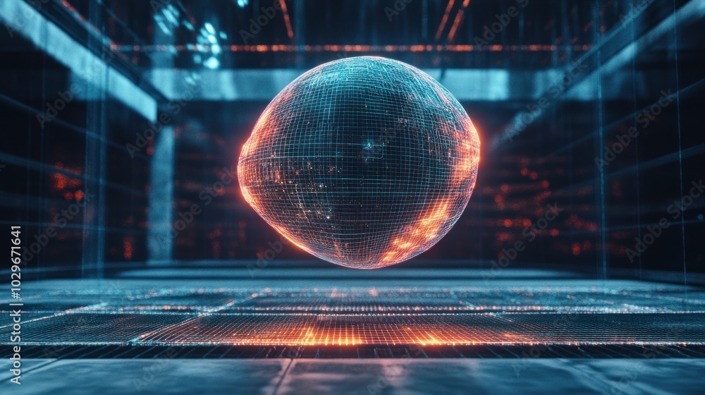 Poster a glowing sphere with intricate digital patterns floats in a futuristic space illuminated by warm re