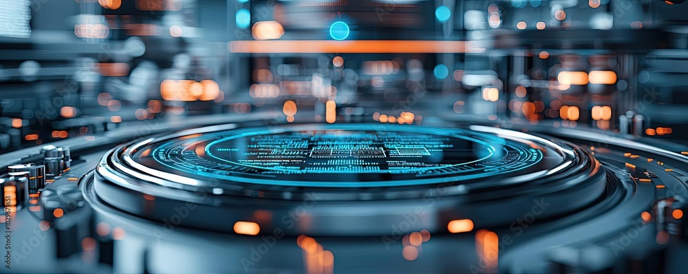 Poster futuristic technology background with glowing circular patterns and details.