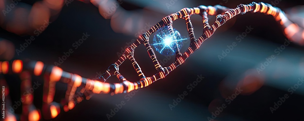 Aufkleber Close-up view of a DNA strand with glowing elements and sharp focus.