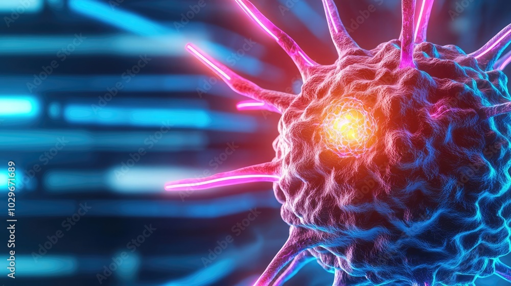 Aufkleber colorful microscopic view of a virus with glowing spikes, digital background.