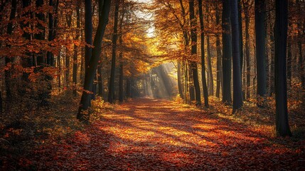 Fototapeta premium Serene Autumn Forest Path with Golden Leaves