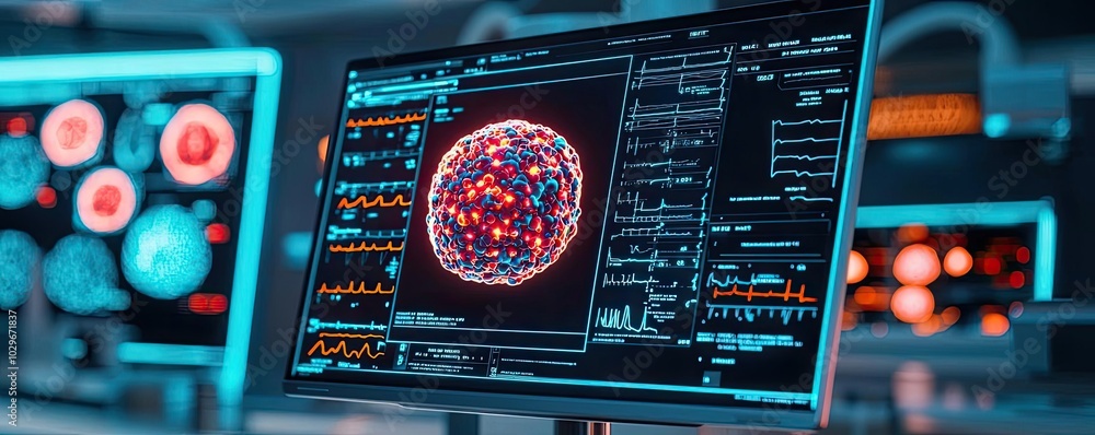 Poster scientific visualization of molecular structure on a digital display.