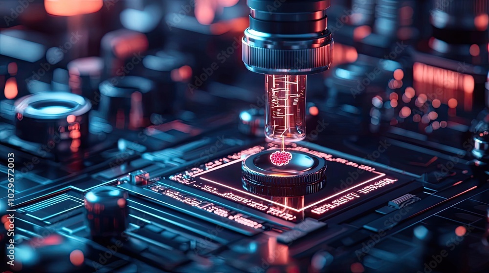 Poster close-up of a futuristic microchip being engineered with bright neon lights.