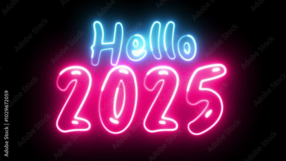 Poster hello 2025 text font with light. luminous and shimmering haze inside the letters of the text happy n