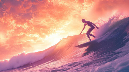 Surfer riding a wave at sunset with vibrant sky backdrop