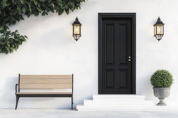 A stylish black door with lanterns, a wooden bench, and greenery creates a serene entryway.