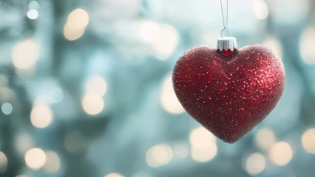 A red heart ornament adorned with glitter hangs delicately, surr