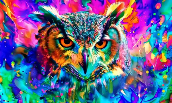 An abstract portrait of an owl featuring colorful double exposure paint, blending vivid hues and artistic layers to create a striking and imaginative depiction