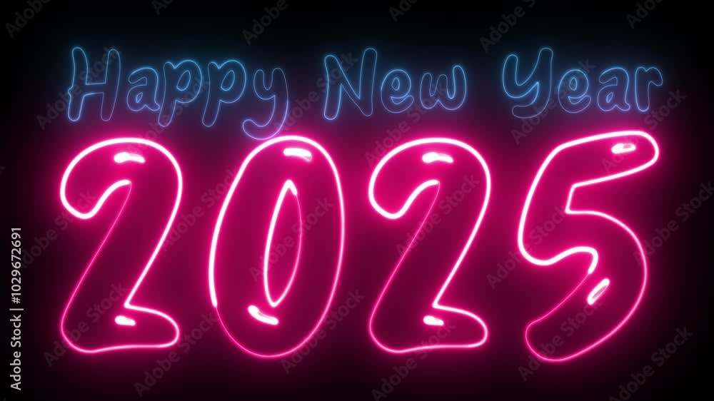 Poster happy new year 2025 text font with light. luminous and shimmering haze inside the letters of the tex
