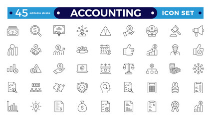 Accounting and audit outline icons set. Related to accounting, audit, taxes. Containing economy, business, financial, management, tax, transaction, and calculation icon. Editable stroke outline icon.

