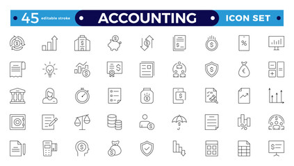 Accounting and audit outline icons set. Related to accounting, audit, taxes. Containing economy, business, financial, management, tax, transaction, and calculation icon. Editable stroke outline icon.
