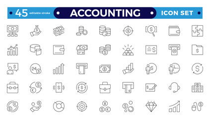 Accounting and audit outline icons set. Related to accounting, audit, taxes. Containing economy, business, financial, management, tax, transaction, and calculation icon. Editable stroke outline icon.

