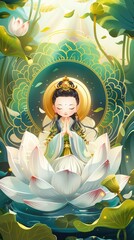 A woman in a green robe is sitting on a lotus flower