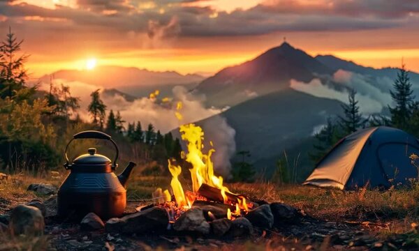 A cozy campfire with a teapot resting on the edge, nestled beside a tent, with majestic mountains forming a breathtaking backdrop.