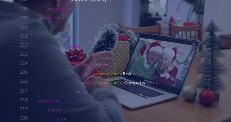 Animation of data processing over caucasian man having christmas video call with family - Powered by Adobe