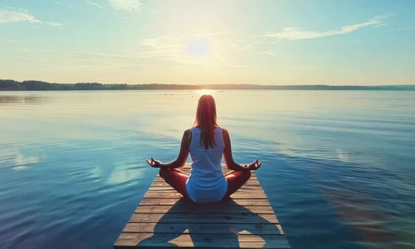 Calm morning meditation by the lake. Young woman outdoors on the pier. Wellbeing and wellness soul concept