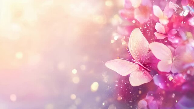 Pink butterflies dance gently in a dreamy floral backdrop, creating a whimsical atmosphere filled with pastel colors and light