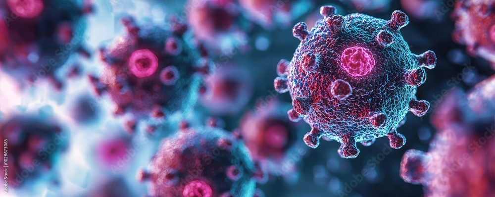 Poster vivid close-up of virus particles on a colorful background
