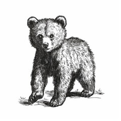 Fototapeta premium Hand-Drawn Illustration of a Cute Baby Bear Cub in Black and White - Wildlife Art Print