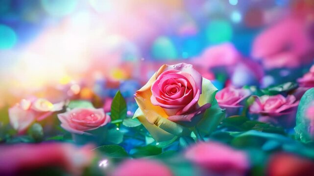 A vibrant pink rose in full bloom surrounded by soft bokeh lights, creating a dreamy and colorful floral scene.
