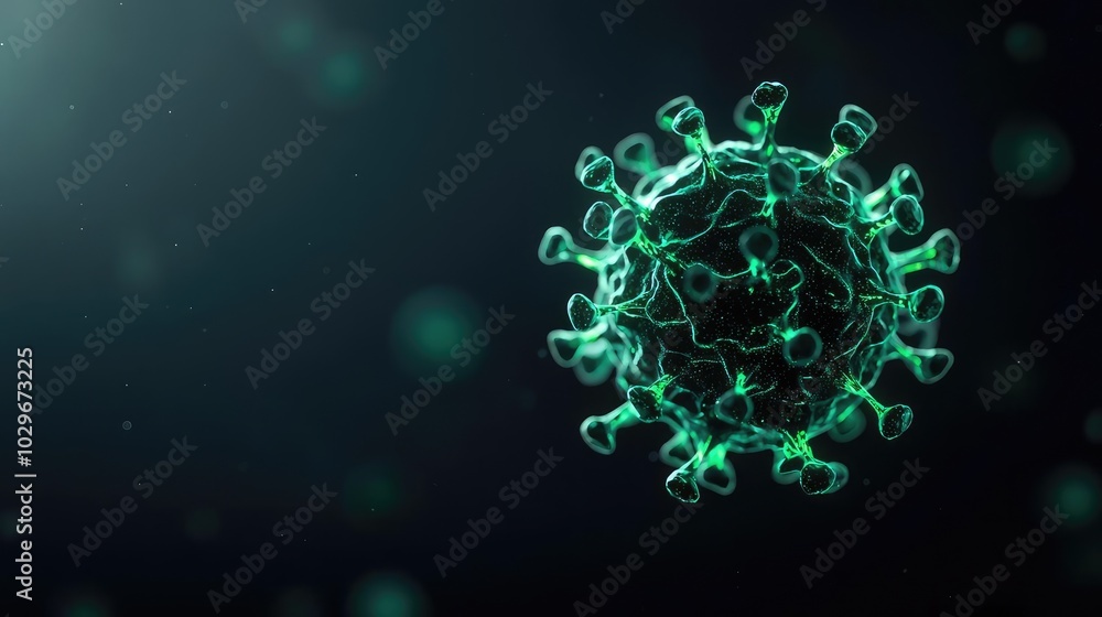 Poster 3d model of a virus, glowing green on a dark background