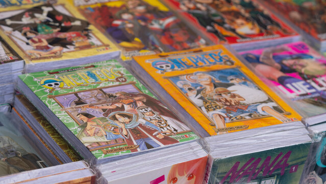 Budokan Geek Convention In GUAYAQUIL, ECUADOR - 
OCT 13, 2024 - Close-up of One Piece manga volumes displayed at a convention. Perfect for anime and manga collectors and fans of the series.