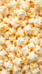 White and yellow fresh salted popcorn texture background. Close up top view food pattern photography isolated with white highlights, png